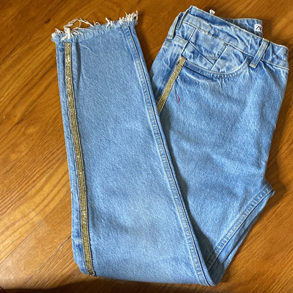 ZARA women light denim, jeans with glittery diamond studded stripe down the side